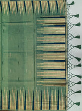 Load image into Gallery viewer, Desingers saree with woven patterns and tasselled fringe, geometry and ornamental design-GREEN COLOR
